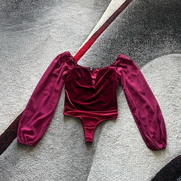 Lulu’s Burgundy Velvet Corset Long Sleeve Bodysuit - Picture 1 of 3